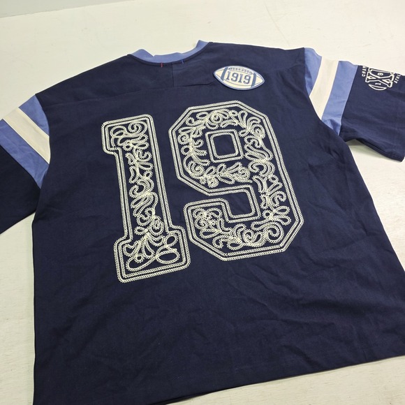 Champion Knitwear Men's V-Neck Retro Varsity Patch Jersey Shirt Navy Sz M NWT - Picture 9 of 14